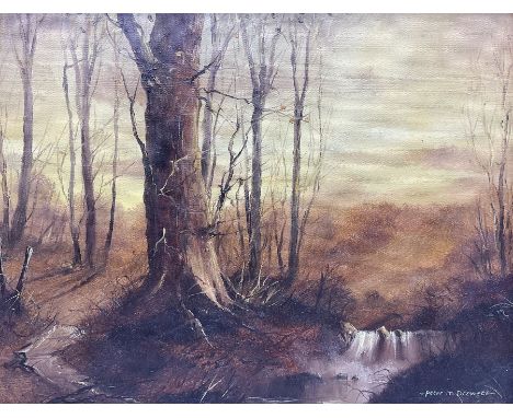 Peter M Drewett (British 1957-): 'Twilight in the Woods', oil on canvas signed, titled verso 34cm x 44cm; 'Fyvie Castle', pen