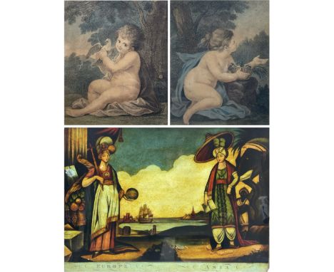 'Europe and Asia', George III allegorical reverse print on glass, early 19th century 26cm x 35cm; 'Friendship' & 'Contentment