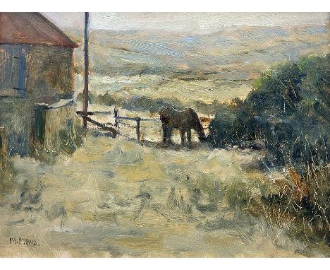 Christine M Pybus (British 1954-): Pony in the Farmyard, oil on board signed, dated 1999 verso 16cm x 22cm
