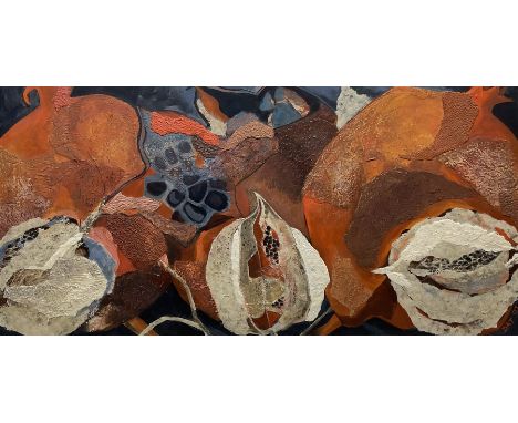 Dorothy Thelwall (British Contemporary): 'Pomegranates and Chinese Lanterns', mixed media on board signed with initials and d