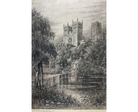J R Hutchinson (Early 20th century): Durham Cathederal from the Weir, etching signed in pencil 48cm x 34cm