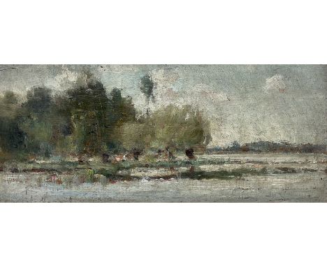George A Boyle (British fl.1884-1889): Trees on the Lakeside, oil on panel unsigned, attribution label verso 10cm x 24cm