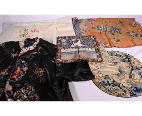 Chinese short jacket embroidered  in Peking knots with figures and flowers, two Mandarin squares front and back decorated wit