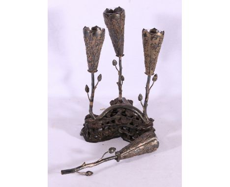 Late 19th century Chinese silver coloured metal four vase epergne, the glass lined vases decorated with flowering branches su