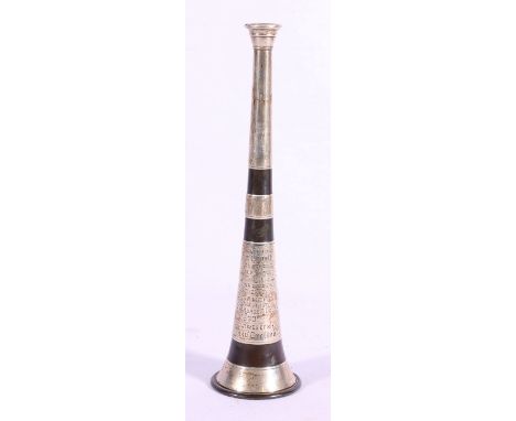 Kohler and Son silver mounted hunting horn with inscription "Presented to William Connolly the Accomplished and Respected Hun