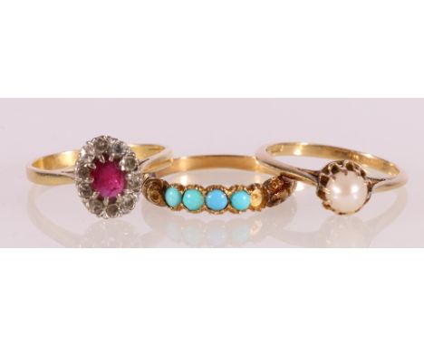 Unhallmarked ruby and diamond ring size P, 3.1g, 18ct yellow gold pearl set ring size P 2.4g and an unhallmarked aquamarine r