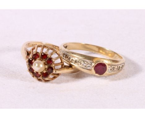 9ct gold diamond and ruby or garnet ring, size P, 1.9g and a 9ct gold pearl and ruby or garnet ring, size M, 2.4g.
