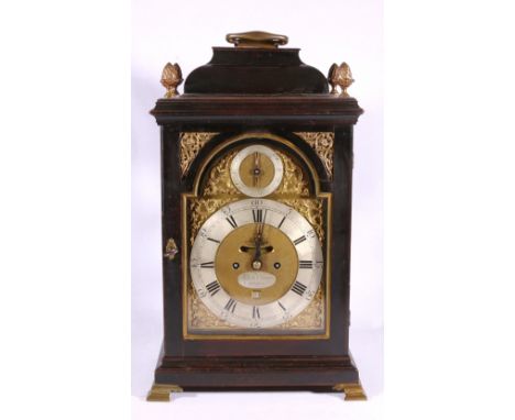 Georgian style mantle clock in ebonised case, the brass dial with silvered Roman numeral chapter ring, strike/silent dial, en