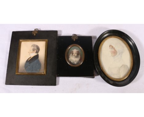 Watercolour portrait of a female dated 1876 13cm x 9.5cm, a portrait miniature of a gentleman 9.5cm x 7.5cm and another (3)