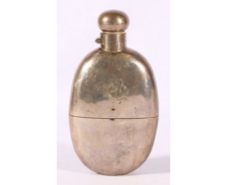 Edwardian silver spirit or hip flask, Birmingham 1903, makers RWF, 237g. 16cm. CONDITION REPORT: Hinge works well. Cork is pr