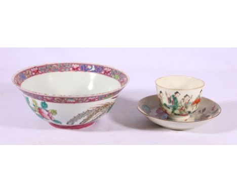 Straits porcelain bowl decorated with a phoenix 19.5cm a Chinese Daoguang famille rose cup and saucer, decorated with figures