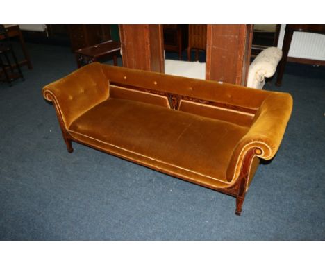 Victorian inlaid buttonback parlour sofa with scroll arms raised on square tapered supports. CONDITION REPORT: In good condit