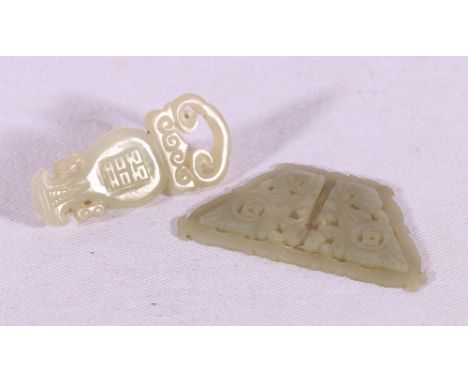 Chinese early 20th Century pale grey green jade pierced and carved belt ornament with vase and good luck character decoration