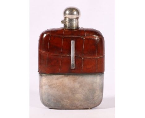 Silver-plated and leather mounted spirit or hip flask.