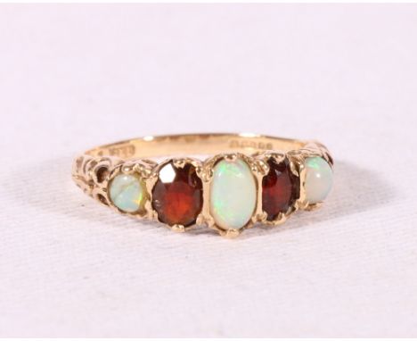 9ct yellow gold opal and ruby or garnet dress ring, size M 2.4g.