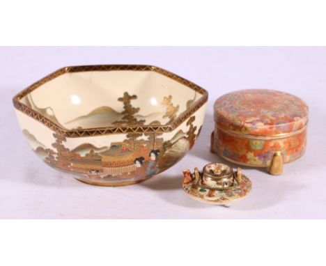 Group of Satsuma including a miniature tea pot and lid, a hexagonal bowl decorated with geisha in a pavilion landscape and a 