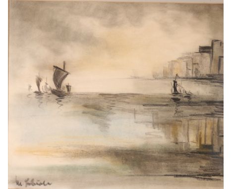 Chinese harbour scene, Signed, mixed media sketch,  46 x 54cm.