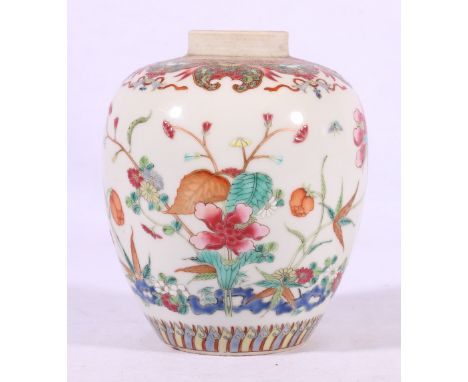 Chinese famille rose ginger jar decorated with multiple flowering branches below an elaborate decorative band, 13cm. CONDITIO