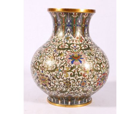 Chinese cloisonne vase of bulbous form, white ground decorated with scrolling flowers and gilded wires, impressed mark to bas