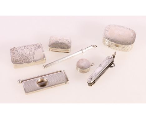 Silver including swizzle stick, four pill boxes, fruit knife, etc.