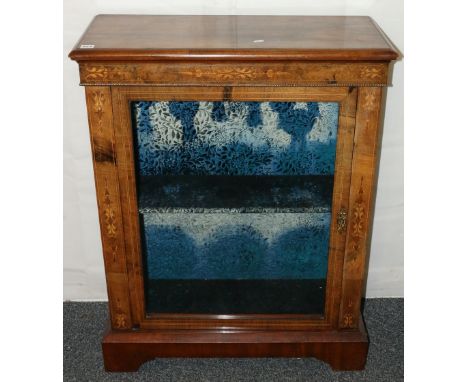 Victorian walnut and inlaid two shelf pier cabinet, with blue lined interior, 78cm wide, 100cm tall.