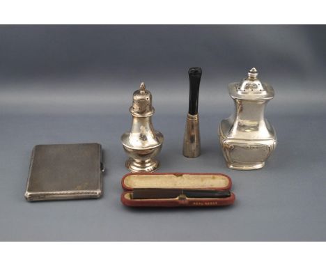 A silver engine turned rectangular cigarette case, Birmingham 1932, 83 grams; two silver pepper pots, 85 grams gross;  and tw