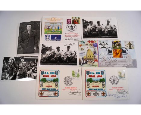 Football interest: a signed collection of photographs and First Day Covers, including Tommy Docherty, Johnny Hains, Albert Sc