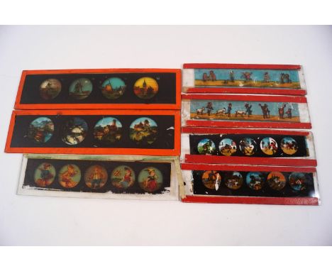 A collection of approximately sixty magic lantern slides, including an example depicting sporting pastimes; tennis, football,