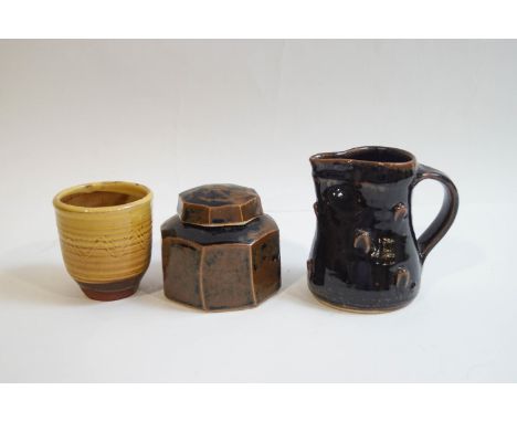 Jeremy Leach (b1941), two pieces of Lowerdown pottery; a stoneware octagonal pot and cover, 8.5cm high; a small jug, 11.5cm h