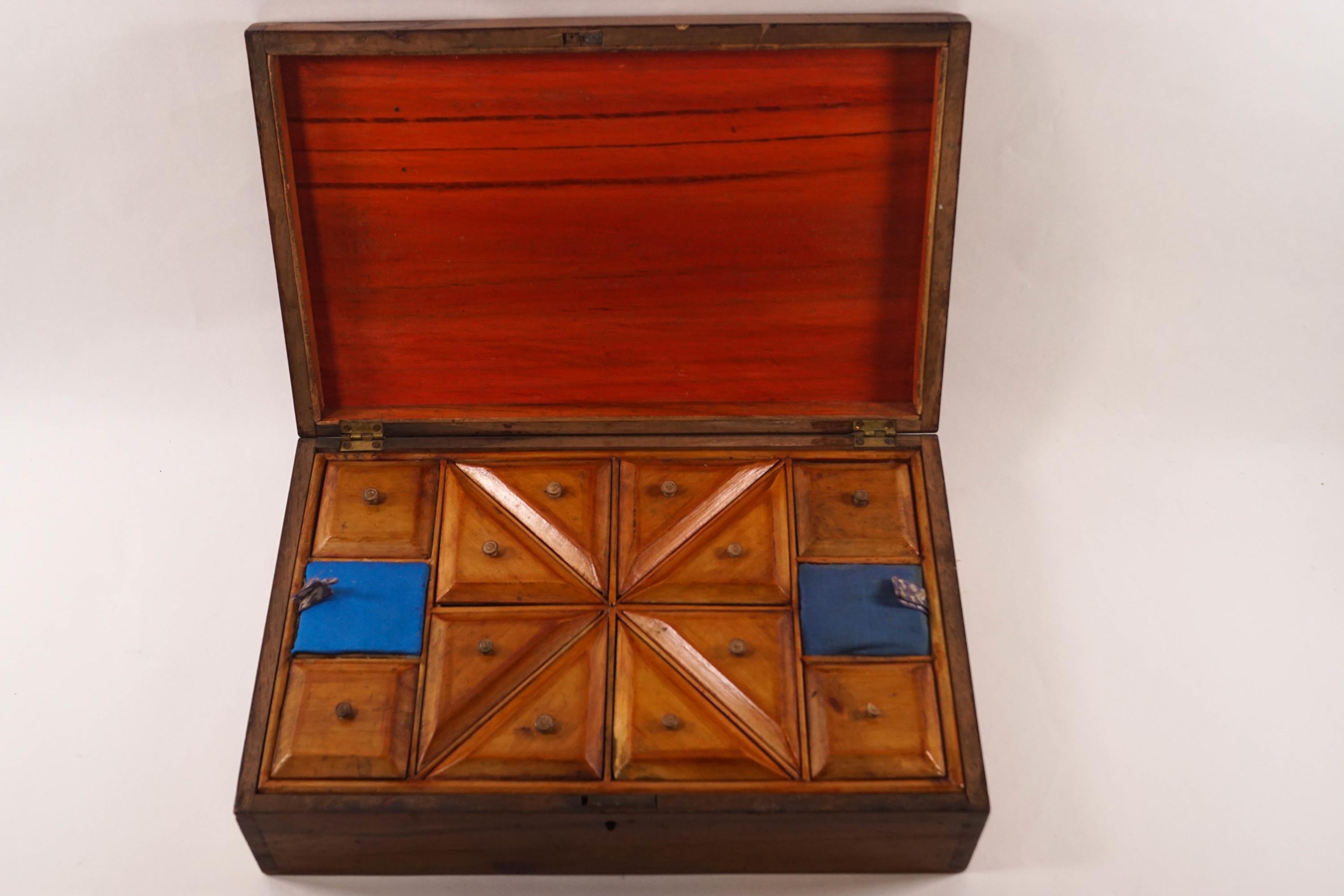 A Victorian needlework box, the lid inlaid with a Thames estuary fort