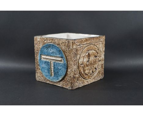 A Troika Pottery cube vase, painted marks to base including SK monogram, 8cm high x 10cm wide