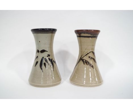 Jeremy Leach (b1941), two Lowerdown pottery stoneware vases of wasted form, one decorated with bamboo, the other with grasses