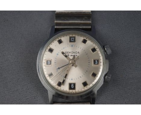 Sekonda,  a stainless 'alarm' bracelet watch, the round silvered dial with raised black-painted baton numerals and white Arab