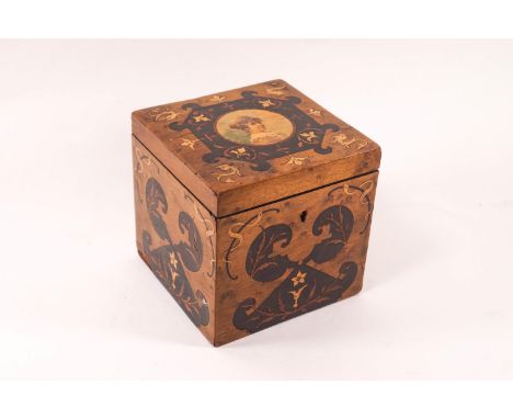 A 19th century inlaid burr wood tea caddy, the lid with painted portrait of a lady, the sides inlaid with snake and foliate d