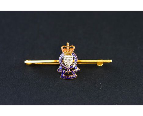 Royal Army Ordnance Corps, a 9ct gold and polychrome enamel regimental badge bar brooch, Birmingham 1960 by Garrard & Co Ltd,