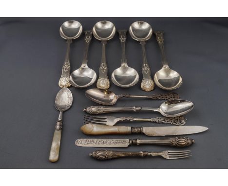 A Victorian silver christening knife, fork and spoon set with filled handles, Birmingham 1857 by George Unite, 79 grams gross