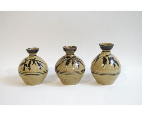 Jeremy Leach (b1941), a group of three Lowerdown pottery stoneware vases of globular form, painted with bamboo detail and ban