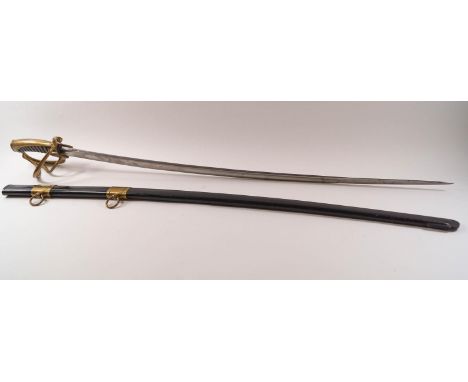 A 20th century French Officer's sword and metal scabbard, the sword engraved 'Eleve Officer PETIT E.M.IA Promotion Centenaire