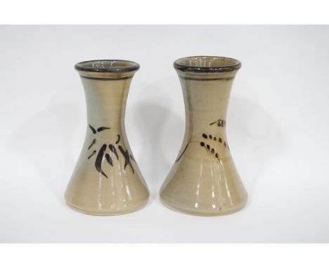 Jeremy Leach (b1941), two Lowerdown pottery stoneware vases, of wasted form, one painted with bamboo, the other with grasses,