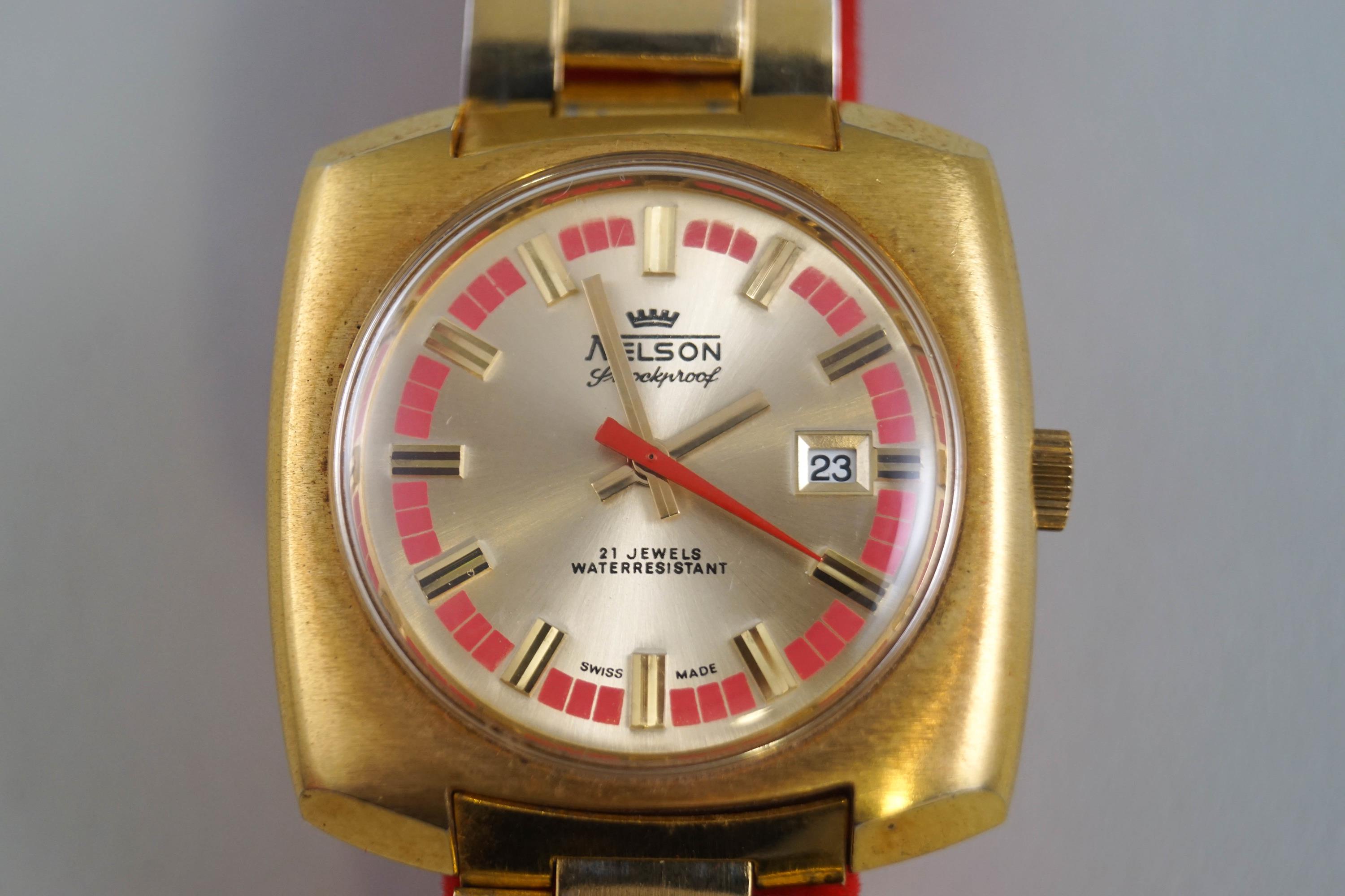 Nelson, a 1970's goldplated and stainless steel oblong bracelet watch