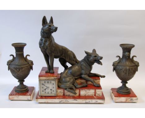 a 1930's FRENCH ART DECO MANTEL CLOCK GARNITURE, the stepped clock case in veined red and white marble, surmounted by two 'br