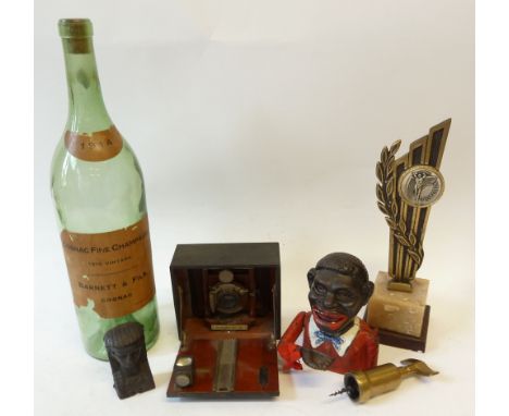 *WIZARD NO.25 PLATE CAMERA, BRASS CORKSCREW; LARGE EMPTY BOTTLE OF 1914 BARNETT & FILS, COGNAC FINE CHAMPAGNE; ENAMELLED CAST