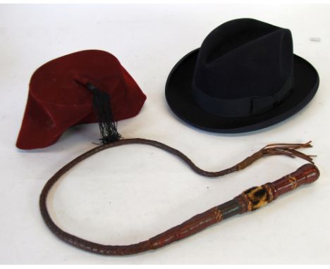 G.A. DUNN AND CO., LONDON GENTLEMAN'S BLACK VELVET FEDORA, with gilt embossed leather interior rim, A PRE-WAR RED VELVET FABR
