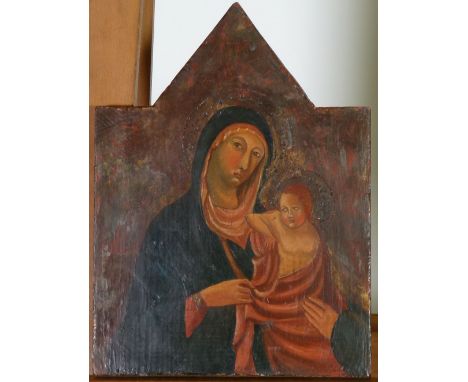 20TH CENTURY PROBABLY GREEK ICON, VIRGIN MOTHER AND CHILD oil painting on rustic pine panel with painted centre arch, 15" x 1