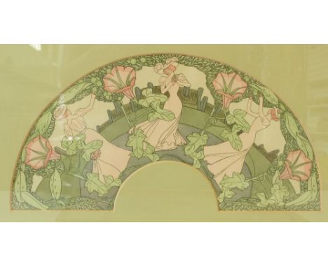 GEORGES DE FEURE (1868-1943) LITHOGRAPHIC PRINT, HAND COLOURED  A design for a fan 15 1/4" x(39cm) across 