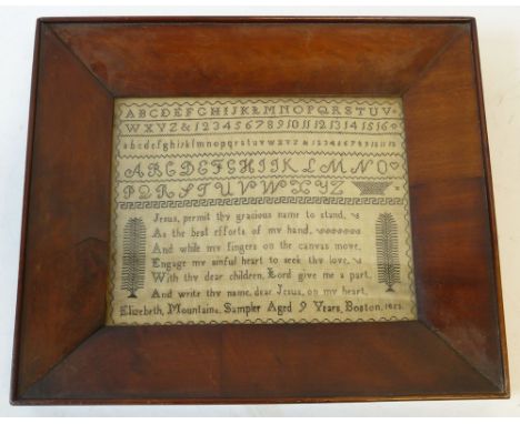 A MID 19TH CENTURY SAMPLER WITH NUMERALS ALPHABET AND RELIGIOUS TEXT flanked by stylised trees, "Elizabeth Moutains Sample ag