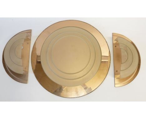 ART DECO PINK AND FROSTED GLASS CEILING LIGHT WITH THREE MATCHING WALL LIGHTS, the circular light with circular mirrored plat