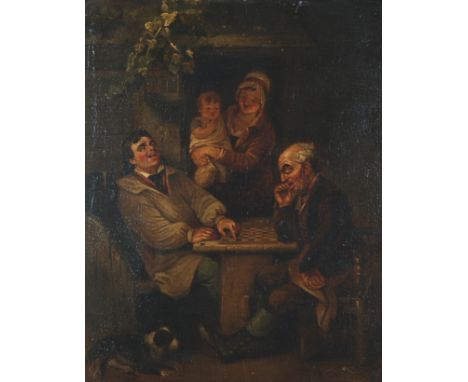 UNATTRIBUTED (EARLY 19th CENTURY BRITISH SCHOOL) OIL PAINTING ON MAHOGANY PANEL Figures playing chequers outside a cottage 12
