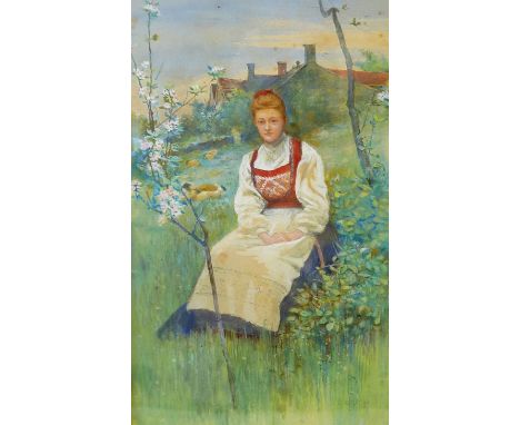 BENJAMIN CHARLES BRIERLEY (1857 - 1920) WATERCOLOUR DRAWING Portrait of Janet Guild (nee Brierley) seated in a meadow Signed 
