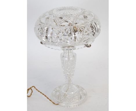 ART DECO CUT GLASS TABLE LAMP with two light chrome plated fittings, beneath a mushroom shade, 15" (38.1cm) high 